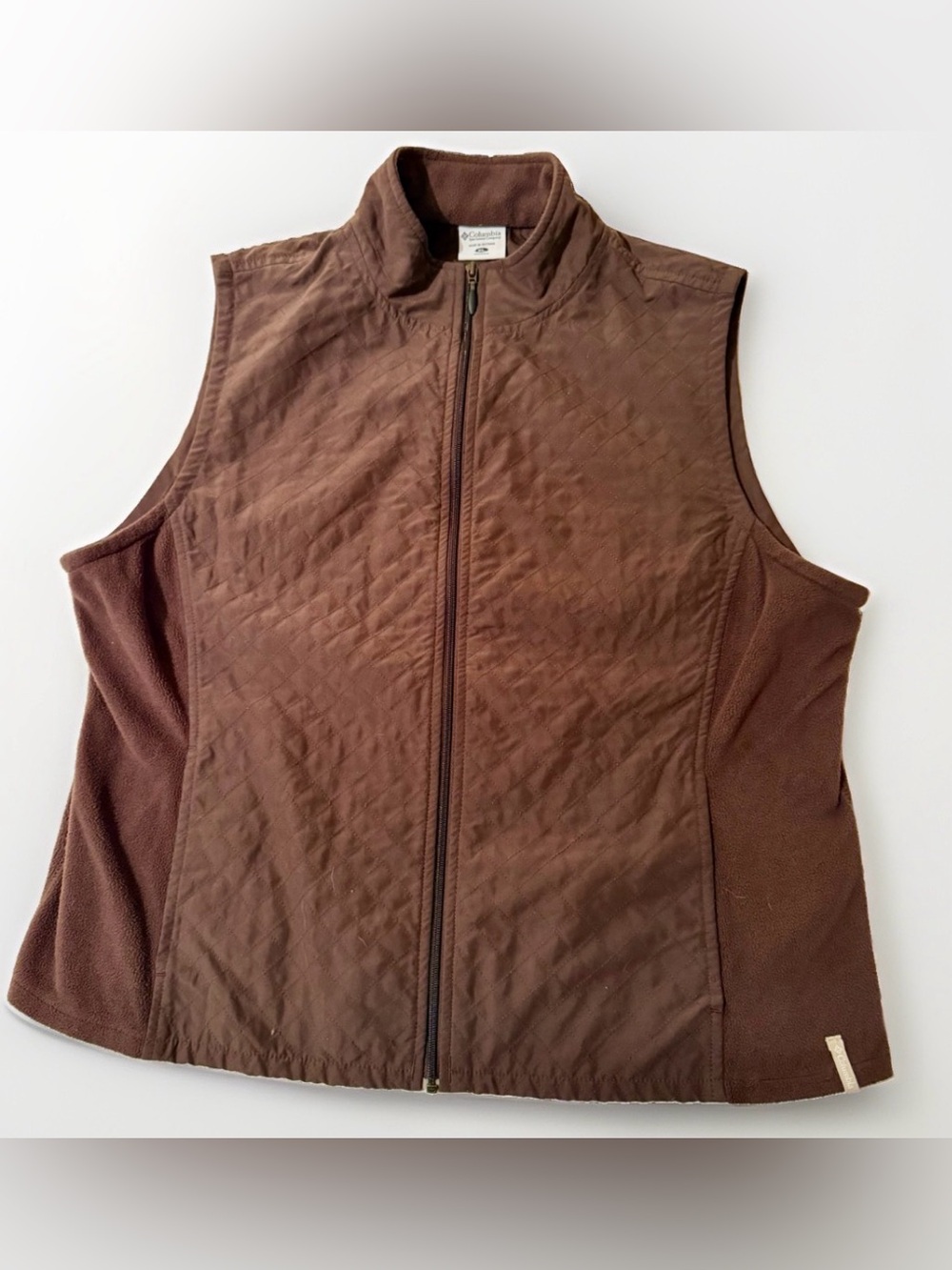 Vtg Columbia Quilted Mocha Brown VEST Womens Size XL Full Zip Fleece Sides